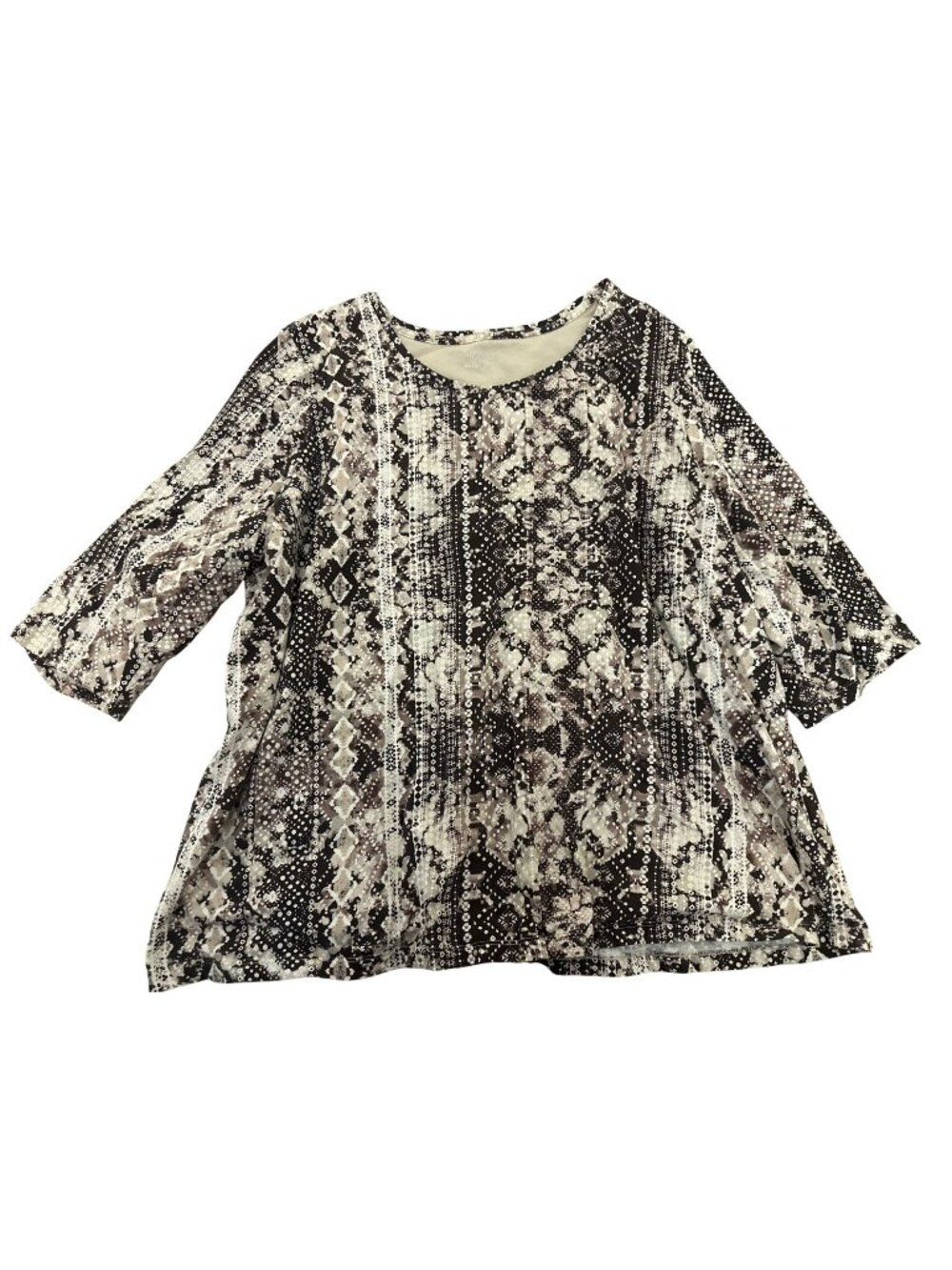 Catherines Womens 1X 3/4 Sleeve Tunic Top Abstract Brown & White Boho Stretch